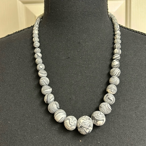 Handmade Gray, Black and White Beaded Necklace, 23” - Picture 1 of 9